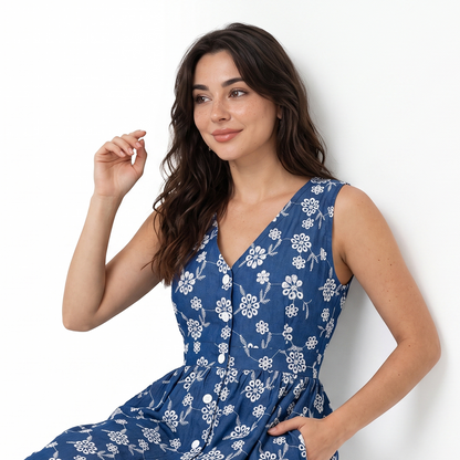 Vestido Corto Mujer Sin Mangas Tela Bordada con Elástico Espalda