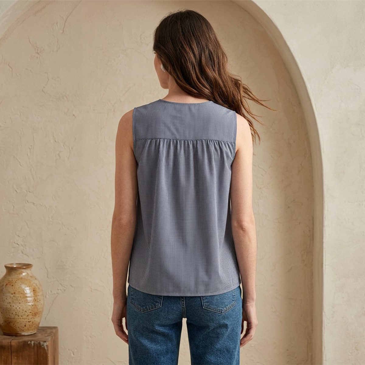 Blusa Sisada Azul Marino Mujer Estampada a Cuadros con Botones Ocultos