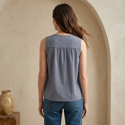 Blusa Sisada Azul Marino Mujer Estampada a Cuadros con Botones Ocultos