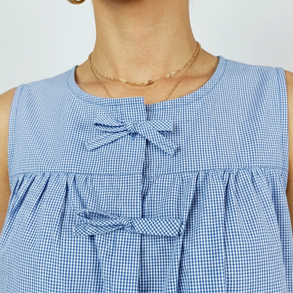 Blusa Azul Mujer Sin Mangas Cuadros Pequeños con Moños