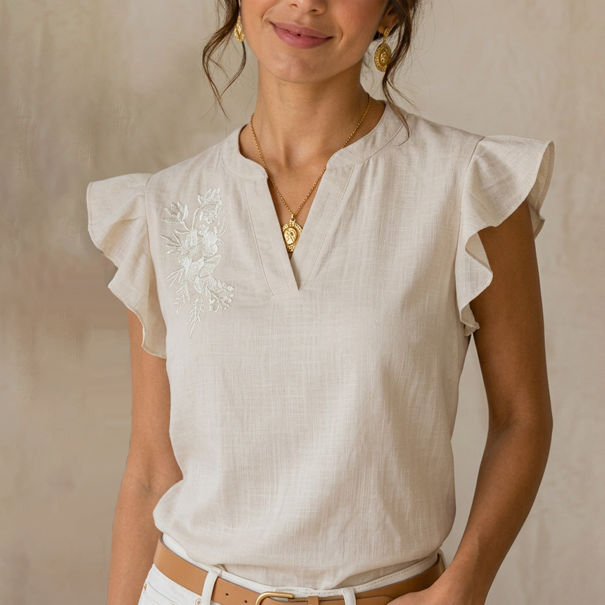 Blusa Mujer Algodón Arena Bordado Artesanal Cuello Mao Moderna