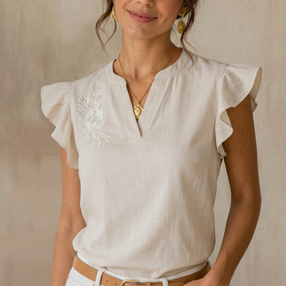 Blusa Mujer Algodón Arena Bordado Artesanal Cuello Mao Moderna