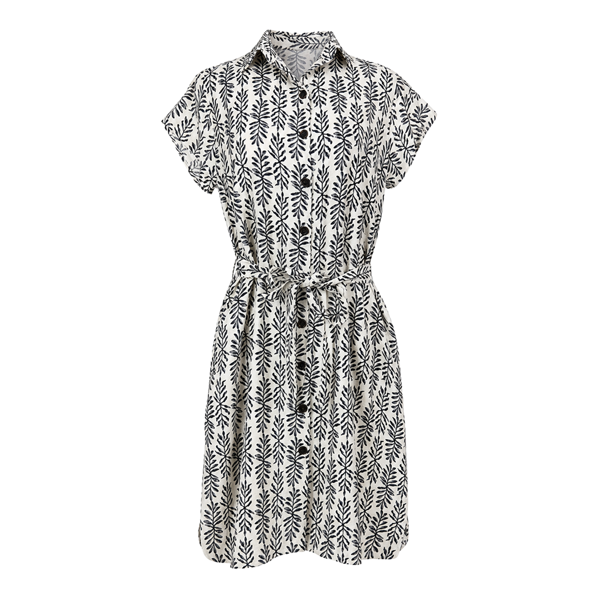 Vestido Negro Corto Mujer Camisero Estampado Casual con Cinturón