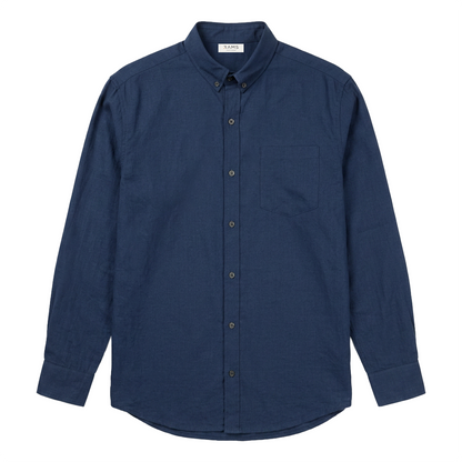 Camisa de apariencia de lino manga larga azul plumbago para hombre