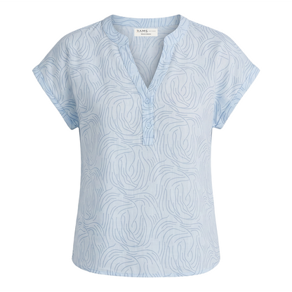 Blusa azul de Algodón Mujer Cuello Mao Estampada Fresca