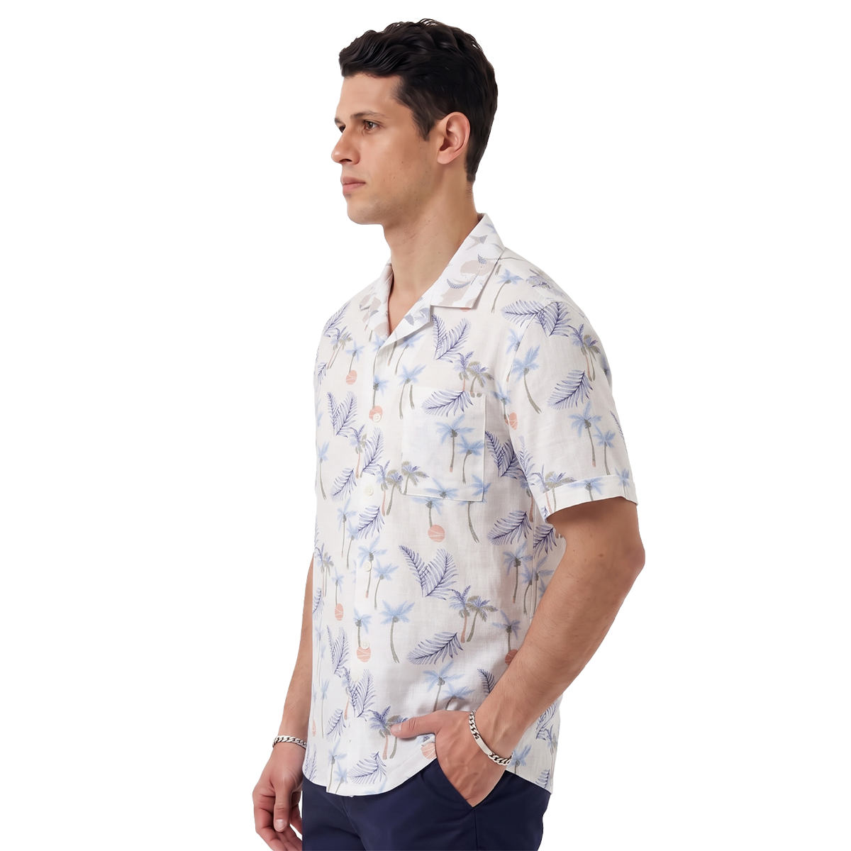 Camisa Hombre Manga Corta Estampado Tropical Moderna Cuello Resort