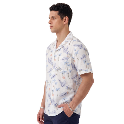 Camisa Hombre Manga Corta Estampado Tropical Moderna Cuello Resort