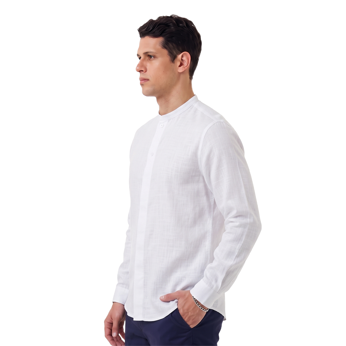 Camisa Blanca Hombre Manga Larga Cuello Redondo Texturizada Moderna