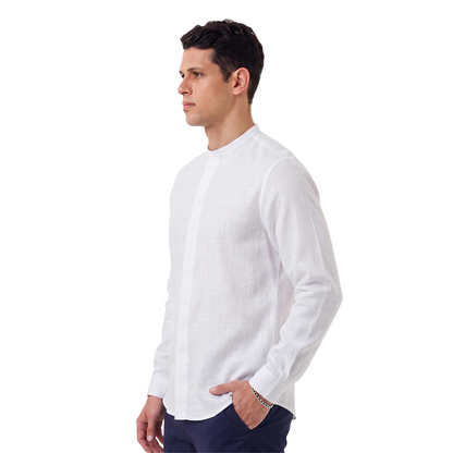 Camisa Blanca Hombre Manga Larga Cuello Redondo Texturizada Moderna