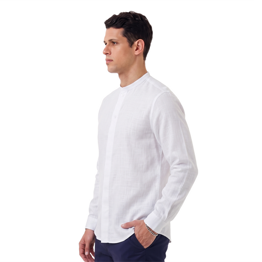 Camisa Blanca Hombre Manga Larga Cuello Redondo Texturizada Moderna