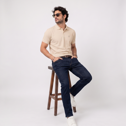 Playera Tipo Polo Caqui Slim Fit Con Bordado Moderno