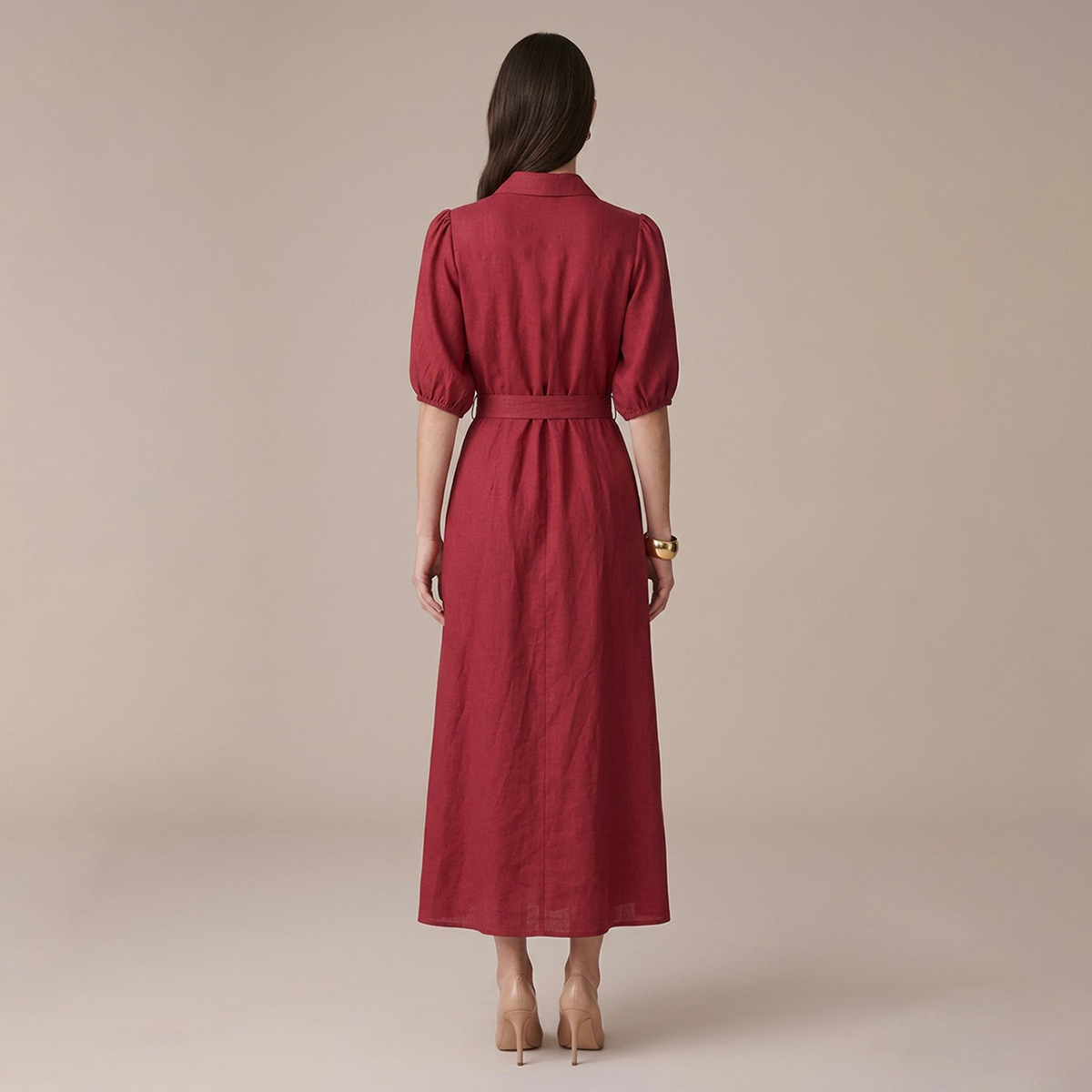 Vestido Rojo Vino Largo Mujer Camisero Escote V Cinturón Ajustable Dorado