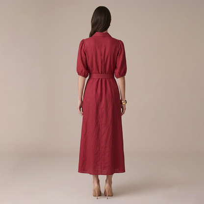 Vestido Rojo Vino Largo Mujer Camisero Escote V Cinturón Ajustable Dorado
