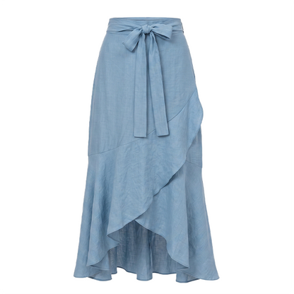 Falda Azul Cielo Midi Mujer Asimétrica Cintura Elástica con Moño Frontal