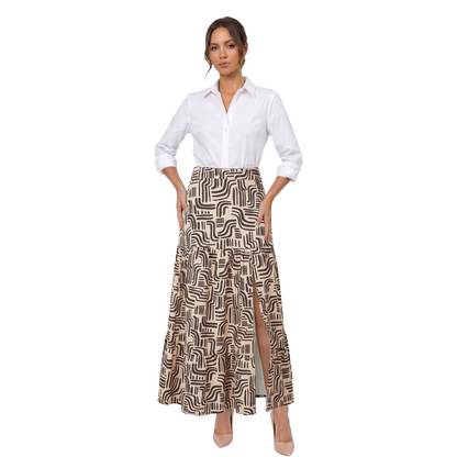Falda Mujer Midi Estampada con Abertura y Olanes Casual
