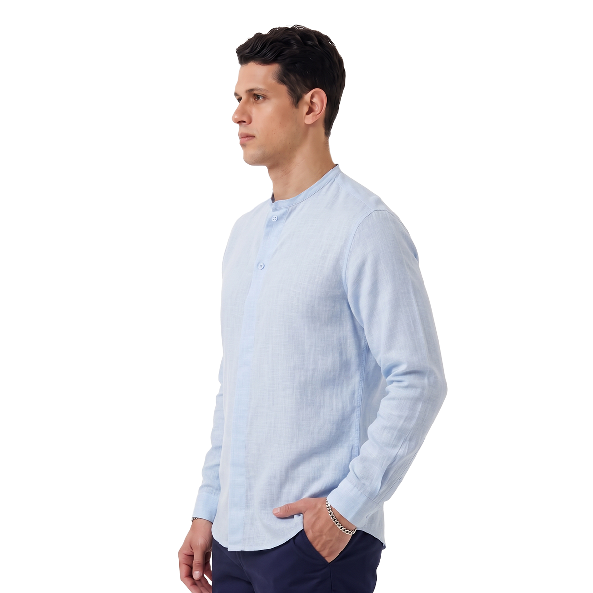 Camisa Azul Manga Larga Hombre Cuello Redondo Textura Moderna