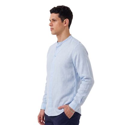 Camisa Azul Manga Larga Hombre Cuello Redondo Textura Moderna