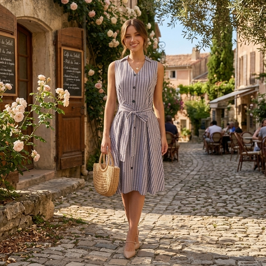 Vestido Camisero Mujer Escote V Casual Estampado Cuadros Rosa