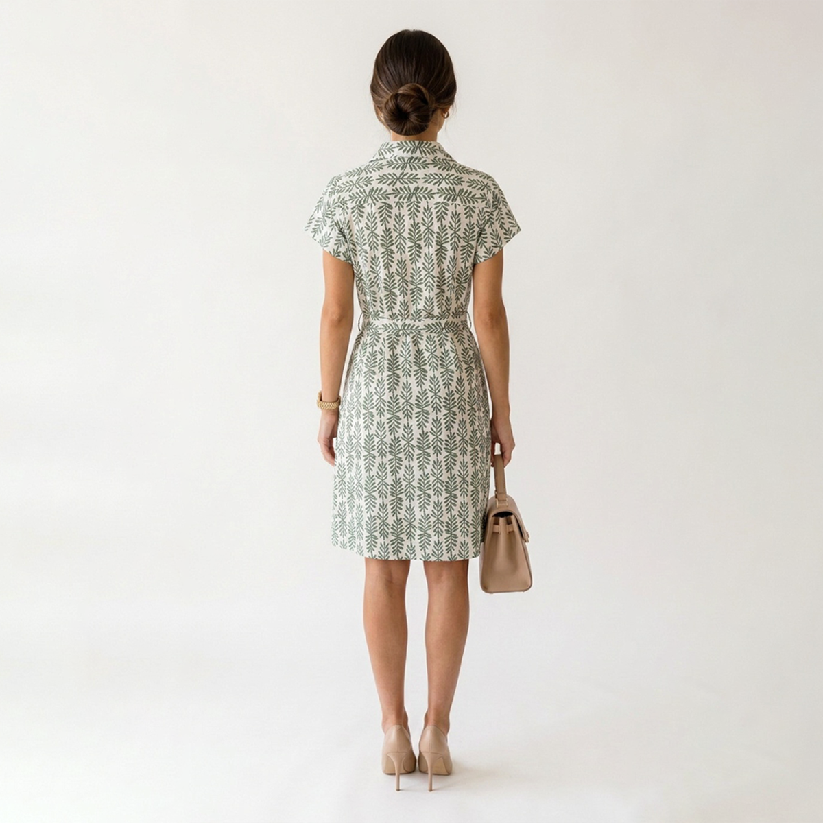Vestido Casual Camisero Corto Mujer Estampado con Cinturón Ajustable Verde