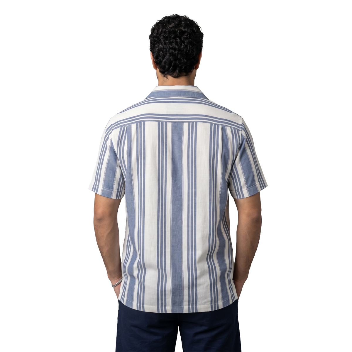 Camisa Hombre Loose Fit Estampado Vertical Cuello Resort Tela Algodón