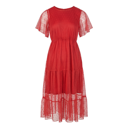 Vestido  Rojo Mujer Midi de Mesh con Forro al Tono y Elástico