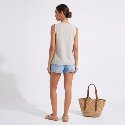 Blusa Mujer Sisada Estampado Cuadros con Moños y Botones Ocultos Color Arena