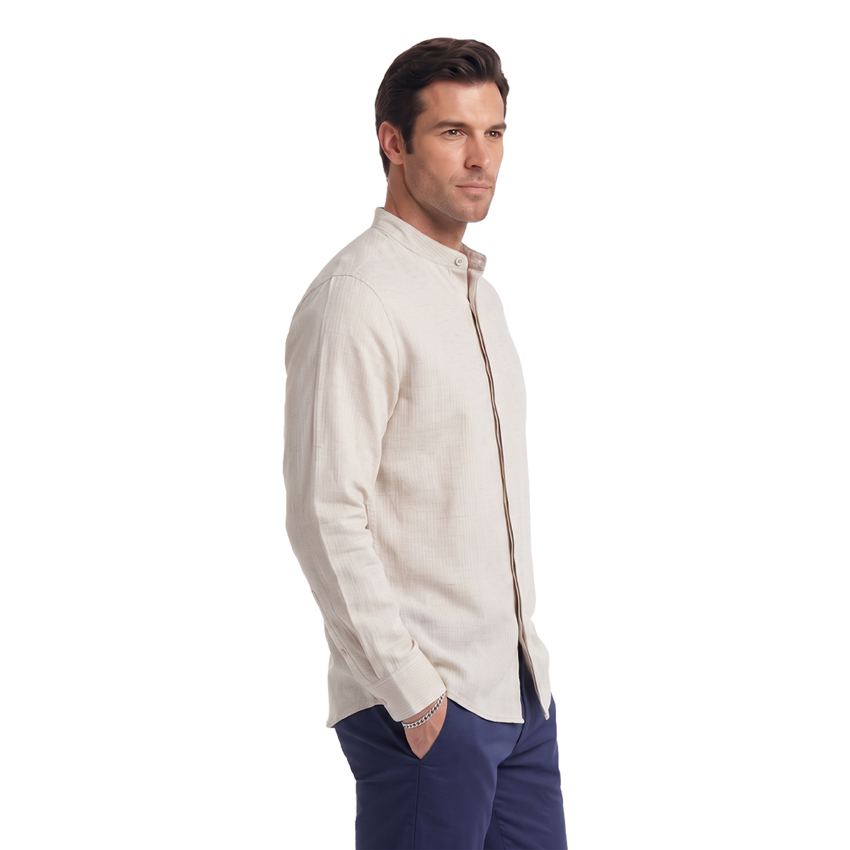 Camisa de manga larga con cuello mao color beige