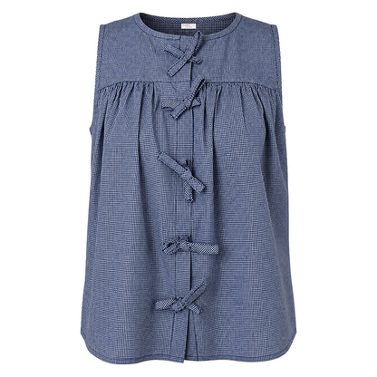 Blusa Sisada Azul Marino Mujer Estampada a Cuadros con Botones Ocultos