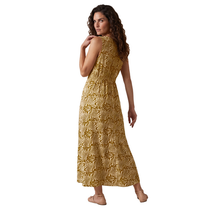 Vestido midi sin mangas con estampado swirl mostaza y blanco