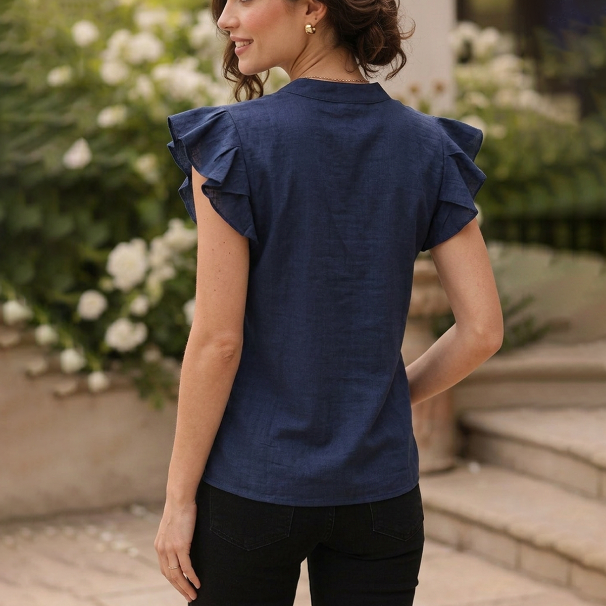 Blusa Azul Marino Casual Mujer Algodón Cuello Mao Bordada Artesanal