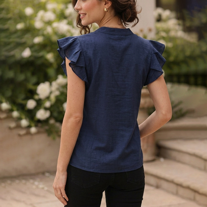 Blusa Azul Marino Casual Mujer Algodón Cuello Mao Bordada Artesanal