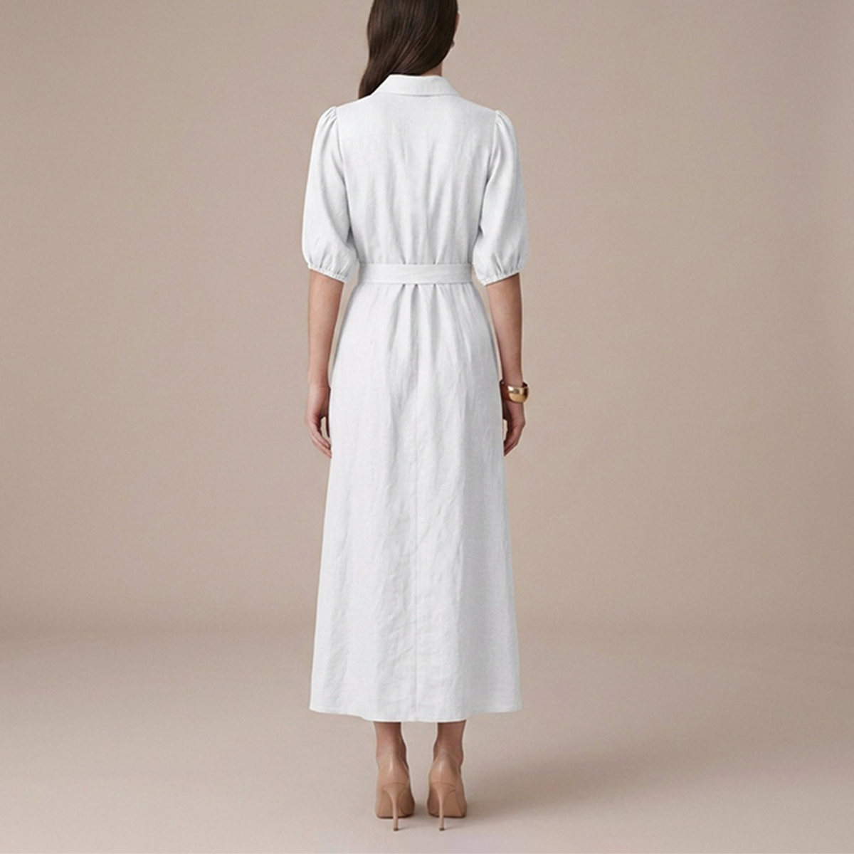 Vestido Camisero Largo Mujer Crudo Escote V Manga Elástica con Cinturón