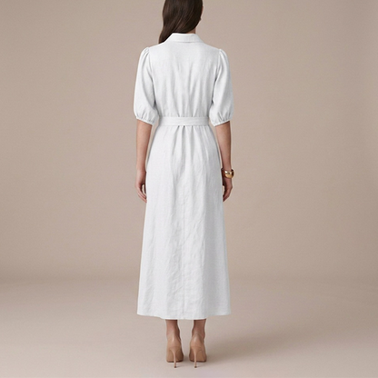 Vestido Camisero Largo Mujer Crudo Escote V Manga Elástica con Cinturón