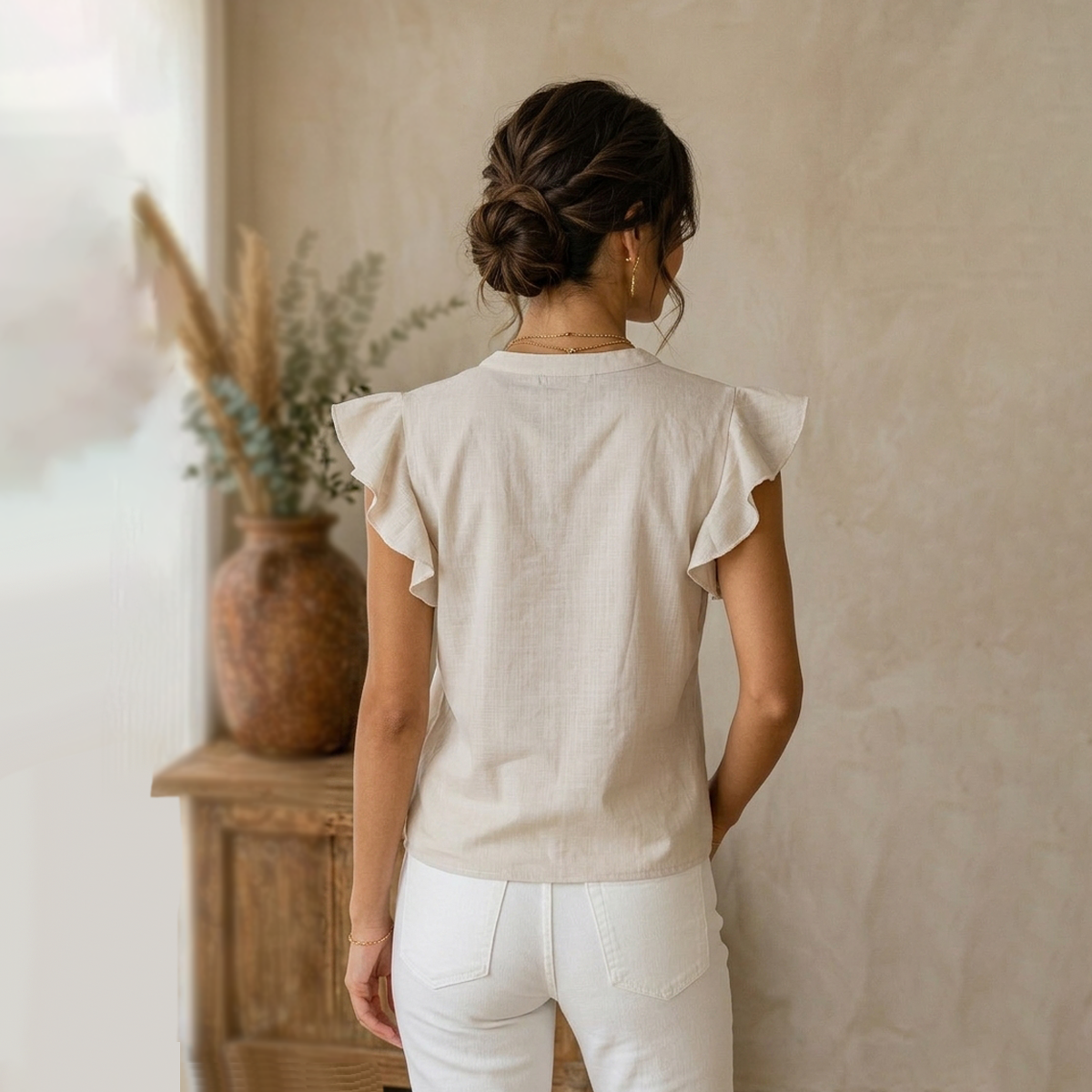 Blusa Mujer Algodón Arena Bordado Artesanal Cuello Mao Moderna