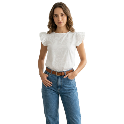 Blusa blanca con bordado floral y mangas de volante
