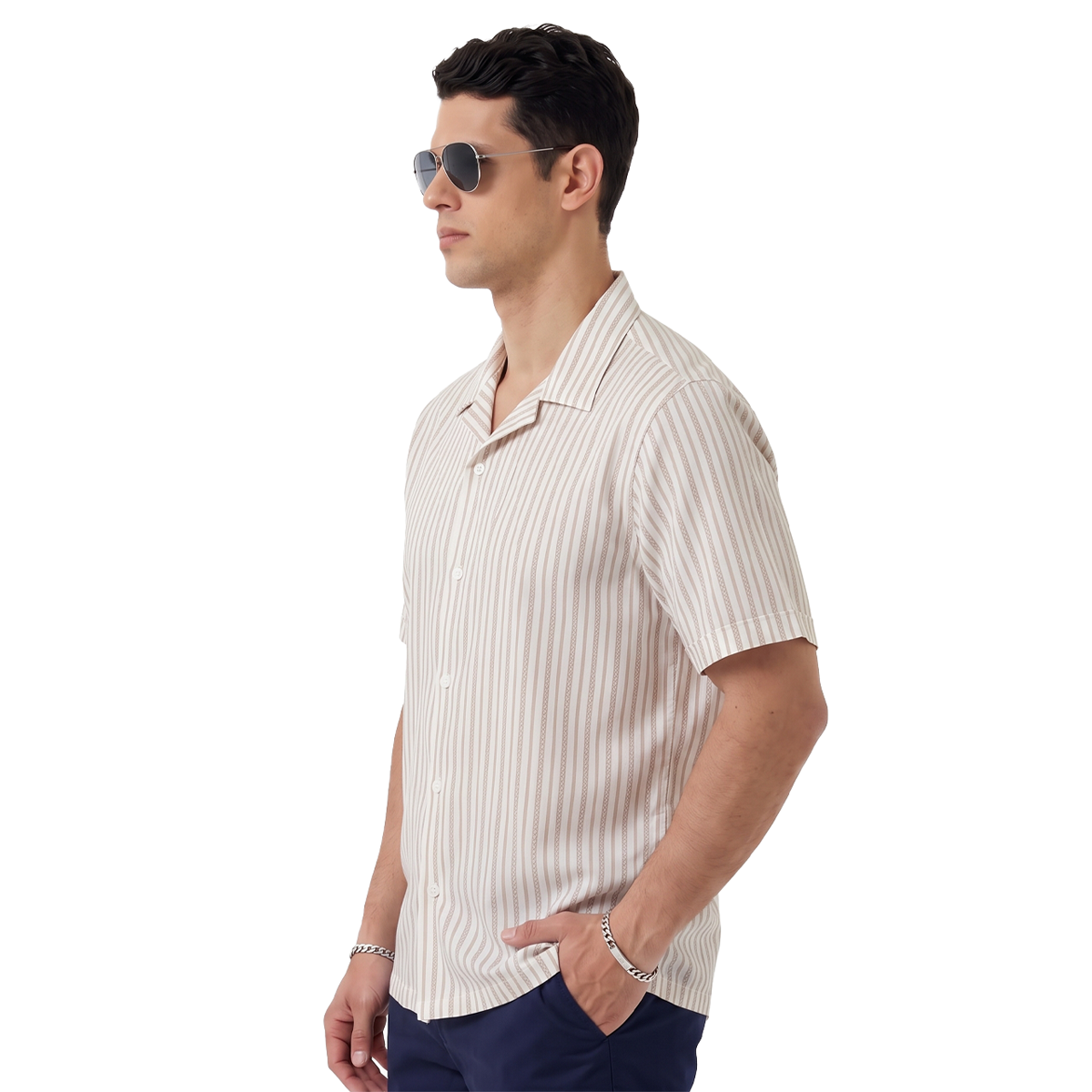 Camisa Hombre Algodón Loose Fit Estampado Vertical Caqui y Blanco Manga Corta