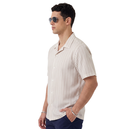Camisa Hombre Algodón Loose Fit Estampado Vertical Caqui y Blanco Manga Corta