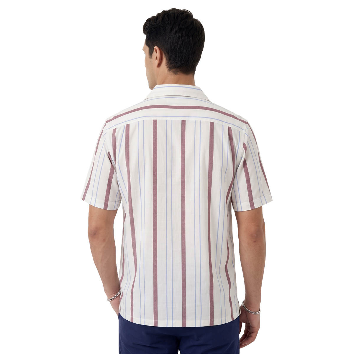 Camisa Hombre Estampado Vertical Cuello Resort de Algodón Corte Loose Fit