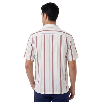 Camisa Hombre Estampado Vertical Cuello Resort de Algodón Corte Loose Fit