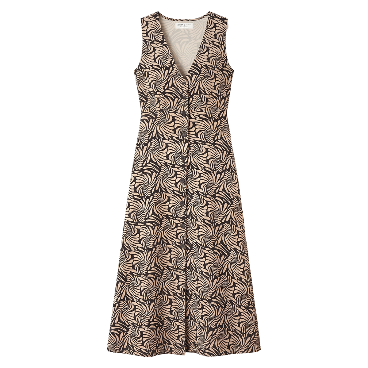 Vestido midi sin mangas con estampado de remolinos en negro y beige