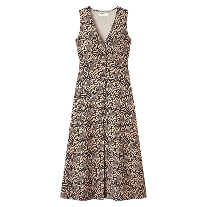 Vestido midi sin mangas con estampado de remolinos en negro y beige