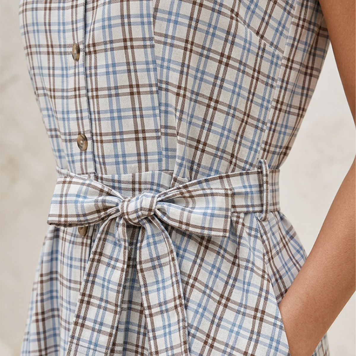 Vestido Camisero Corto Mujer Escote V Estampado Cuadros Azules