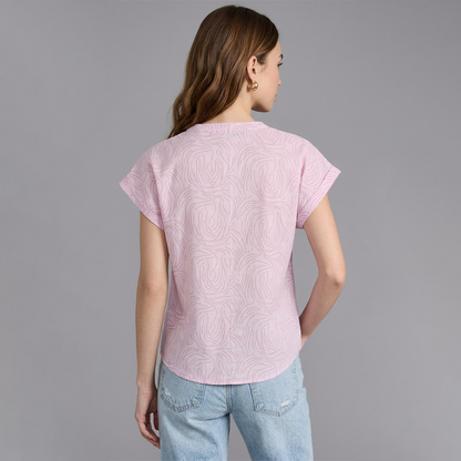 Blusa Rosada Mujer Algodón Estampada Escote V Cuello Mao Casual