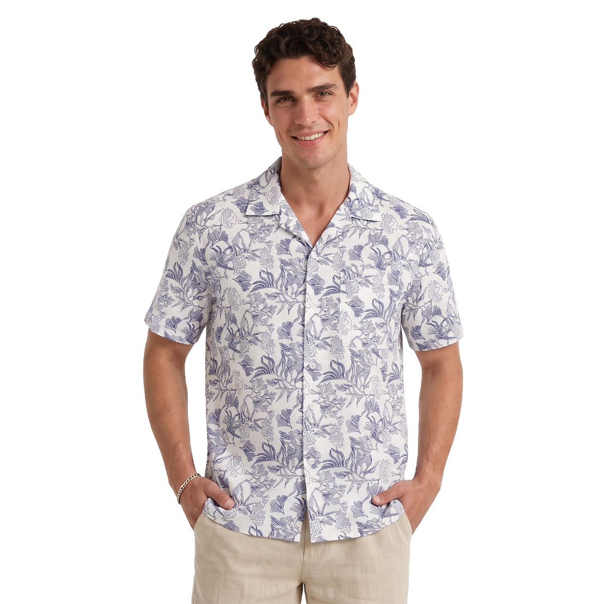 Camisa Floral Line Art Tropical Hombre Manga Corta Casual