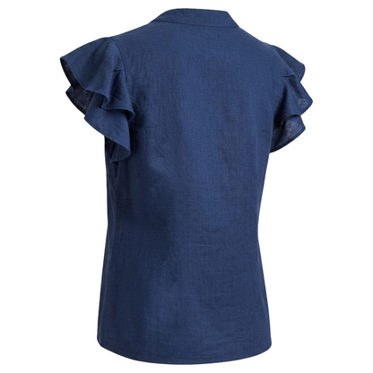 Blusa Azul Marino Casual Mujer Algodón Cuello Mao Bordada Artesanal