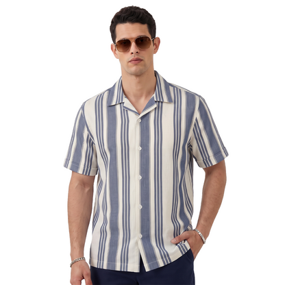 Camisa Hombre Loose Fit Estampado Vertical Cuello Resort Tela Algodón