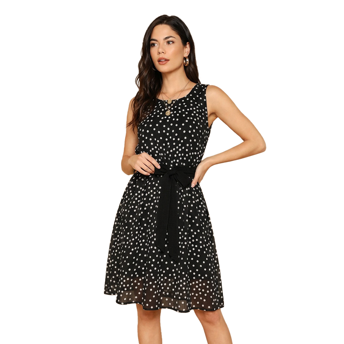 Vestido Sisado Mujer Corto Estampado de Puntos Cinturón Ajustable