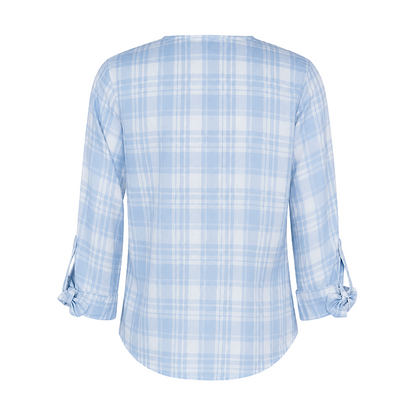 Blusa de cuadros con cuello mao y botones frontales