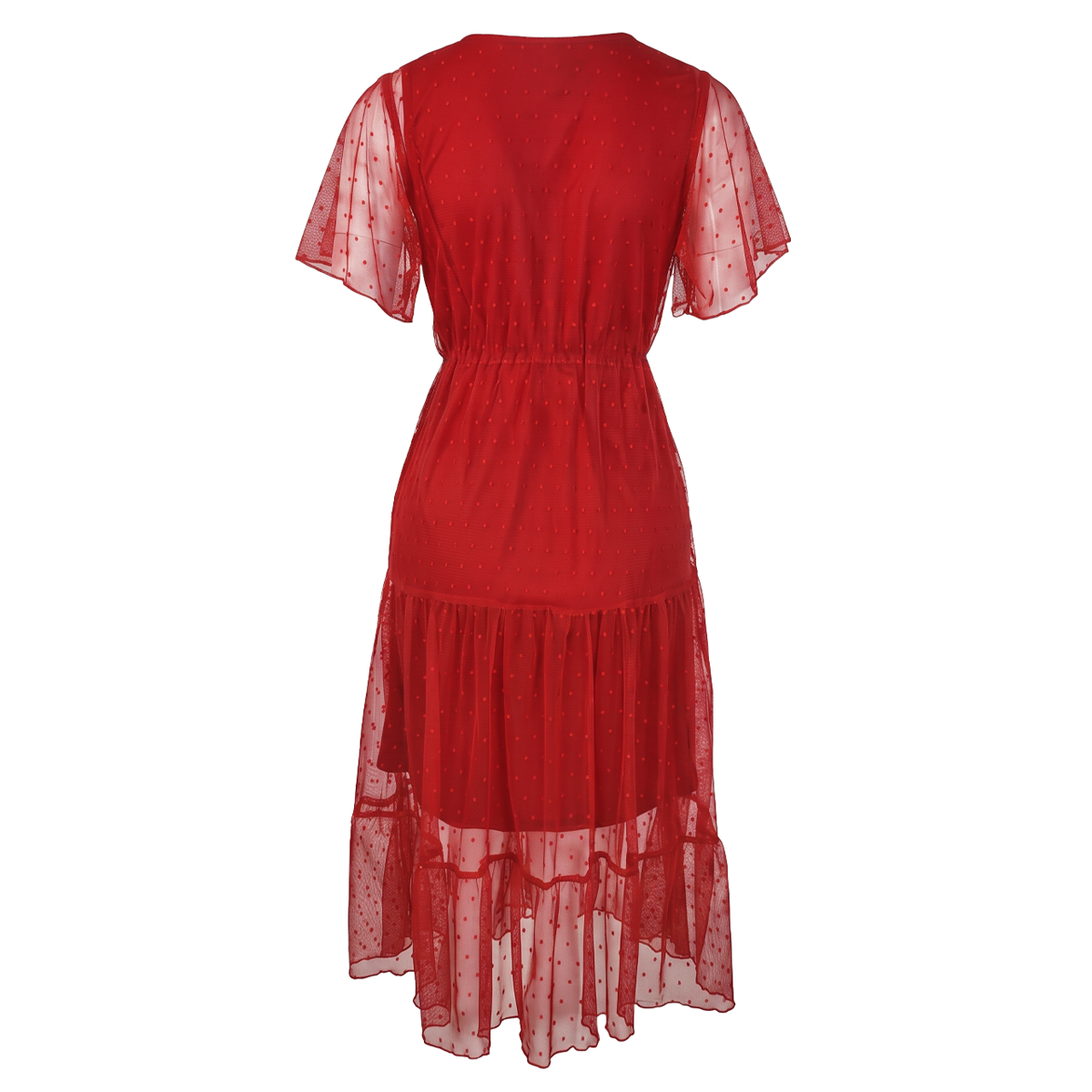 Vestido  Rojo Mujer Midi de Mesh con Forro al Tono y Elástico