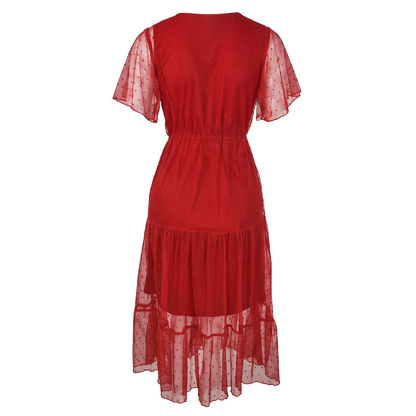 Vestido  Rojo Mujer Midi de Mesh con Forro al Tono y Elástico